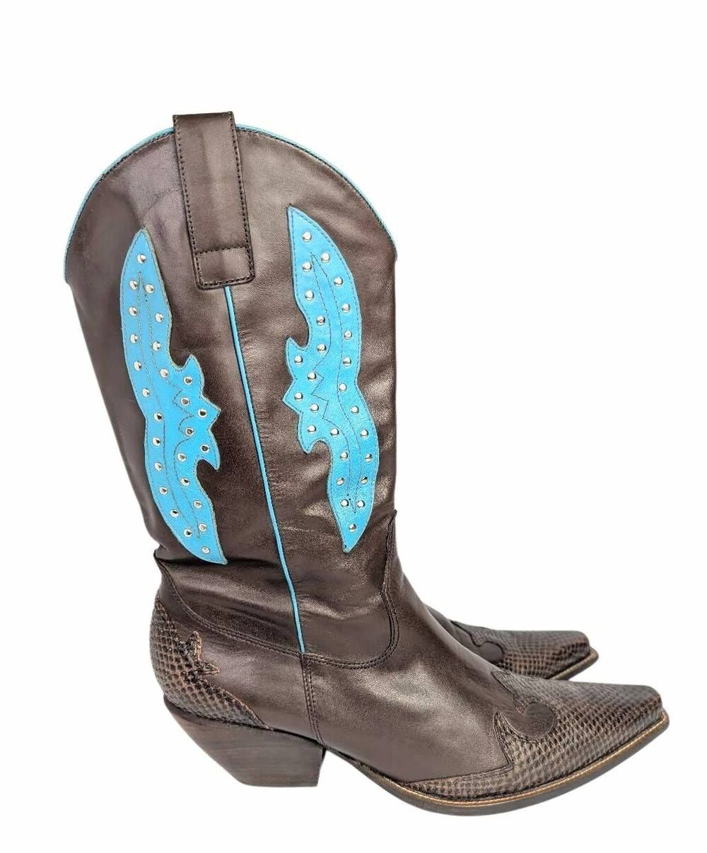 BCBGirls Brown & turquoise leather studded western cowgirl boot womens 12